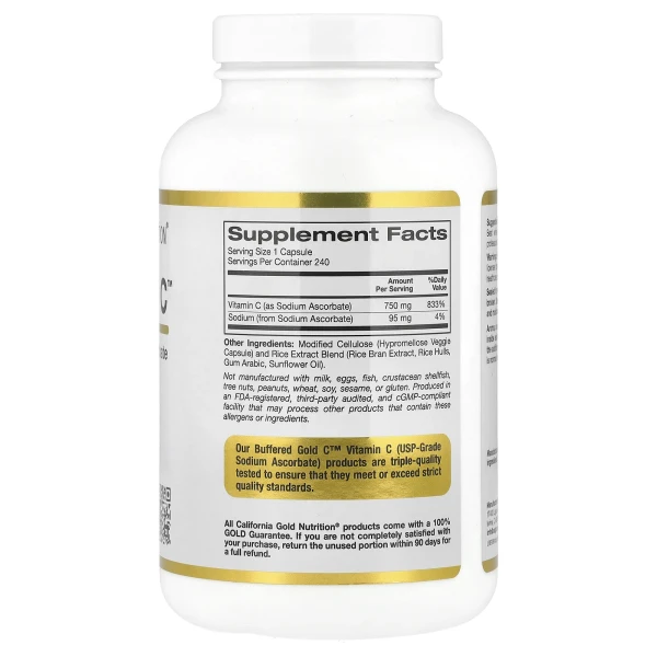 California Gold Nutrition, Buffered Gold C™, аскорбат натрію (вітамін C) GOLD Standard, 240 веганських капсул