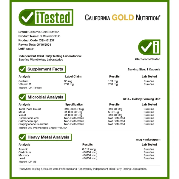 California Gold Nutrition, Buffered Gold C™, аскорбат натрію (вітамін C) GOLD Standard, 240 веганських капсул