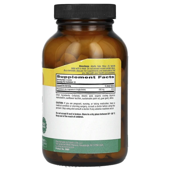 Хелатний гліцинат магнію Country Life (Chelated Magnesium Glycinate) 133 мг 90 таблеток