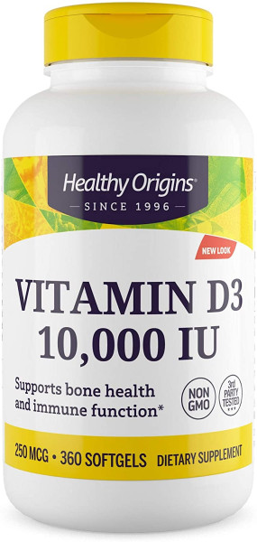 Витамин D3, Vitamin D3, Healthy Origins, 10 000 МЕ, 360 гелевых капсул