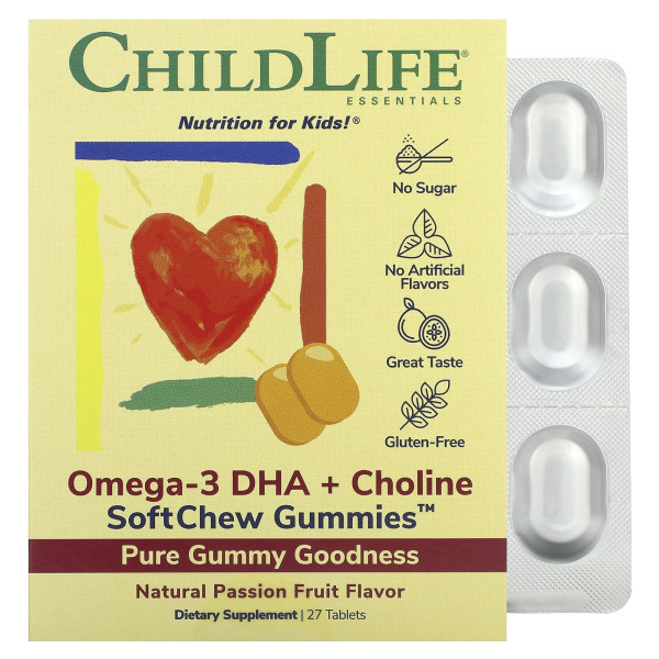 ChildLife Essentials, Essentials, жувальні жувальні таблетки SoftChew, омега-3, ДГК і холін, маракуйя, 27 таблеток
