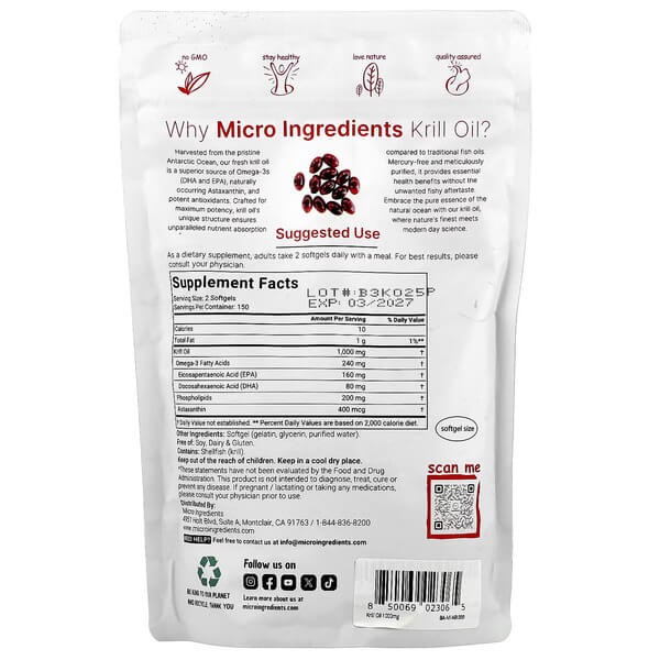Олія антарктичного криля Micro Ingredients (Antarctic Krill Oil) 300 рідких капсул
