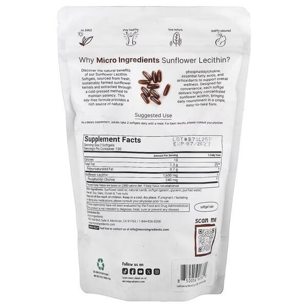 Лецитин соняшниковий Micro Ingredients (Sunflower Lecithin) 300 рідких капсул