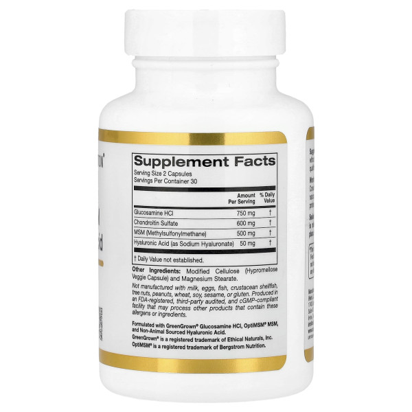 Глюкозамин, хондроитин, МСМ и гиалуроновая кислота California Gold Nutrition (Glucosamine Chondroitin, MSM plus Hyaluronic Acid) 60 капсул