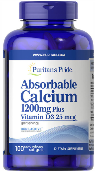 Кальцій і вітамін D3, Absorbable Calcium with Vitamin D3, Puritan's Pride, 1200 мг / 1000 МО, 100 гелевих капсул