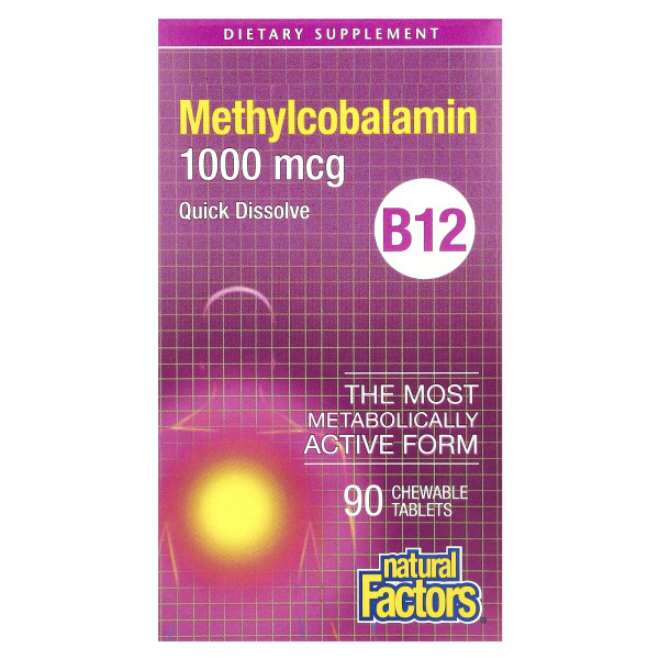Витамин B12 Natural Factors (Methylcobalamin B12) 1000 мкг 90 жевательных таблеток