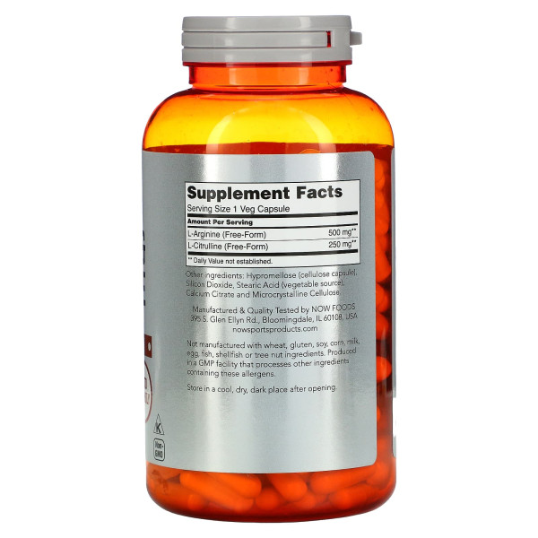NOW Foods, Sports, аргінін і цитрулін, 240 рослинних капсул