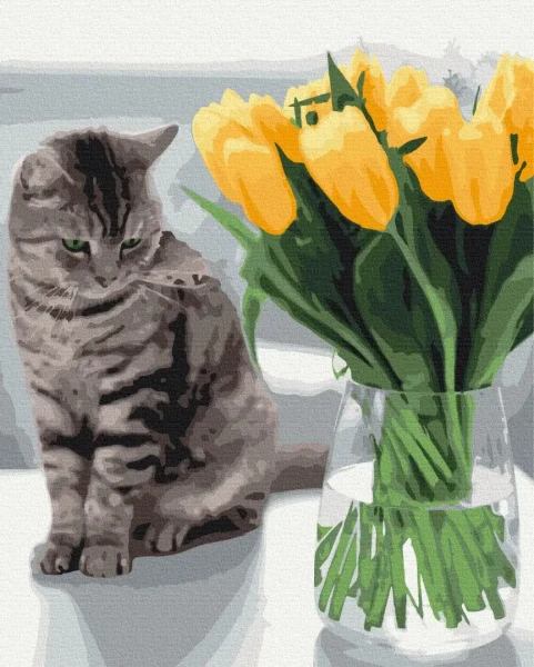 Картина за номерами Котик з тюльпанами  Brushme 48x60