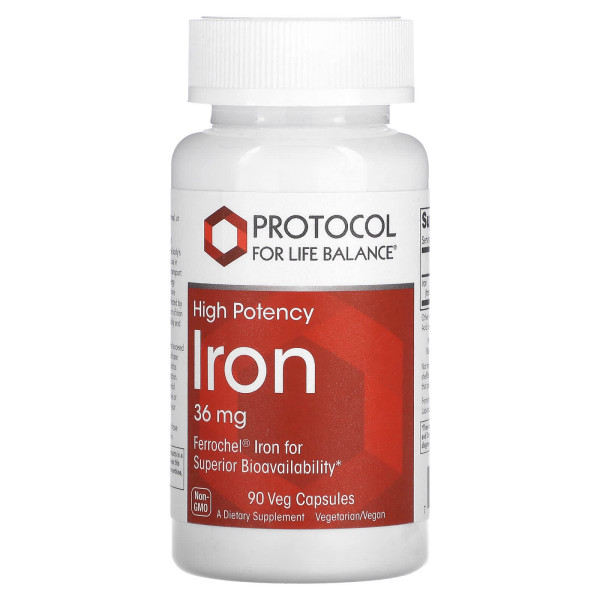 Залізо, Iron, Protocol for Life Balance, висока ефективність, 36 мг, 90 веганських капсул