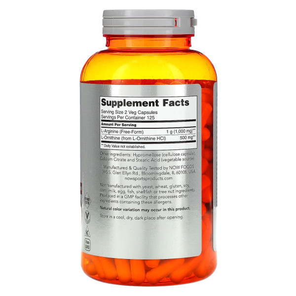 Аргінін і орнітин NOW Foods (Arginine Ornithine) 250 рослинних капсул
