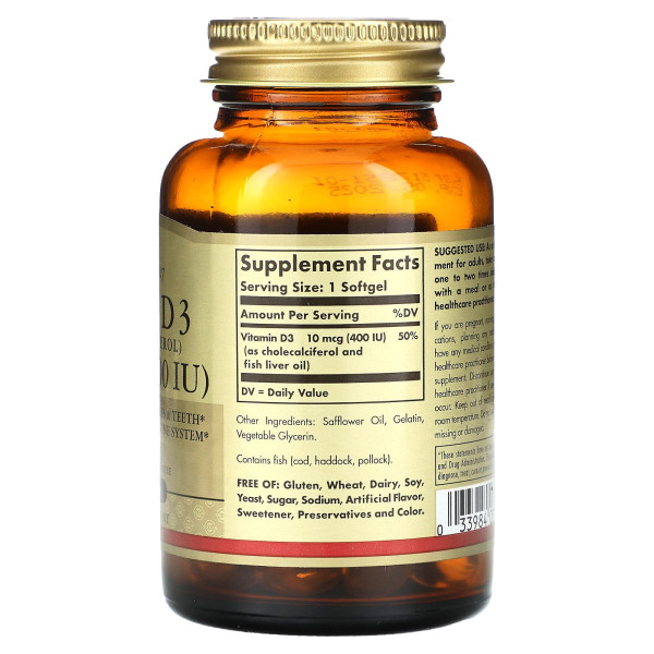 Вітамін D3 (холекальциферол) Solgar (Vitamin D3) 10 мкг (400 МО) 100 капсул