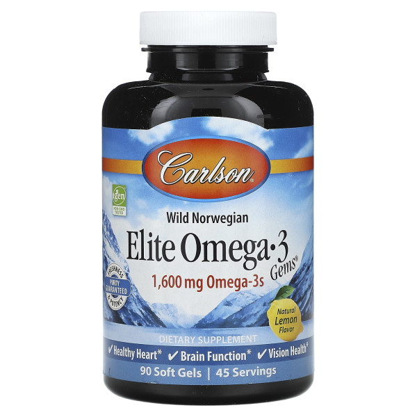 Carlson, Elite Omega-3 Gems®, омега-3 кислоти з норвезької риби дикого вилову, натуральний лимонний смак, 90 капсул