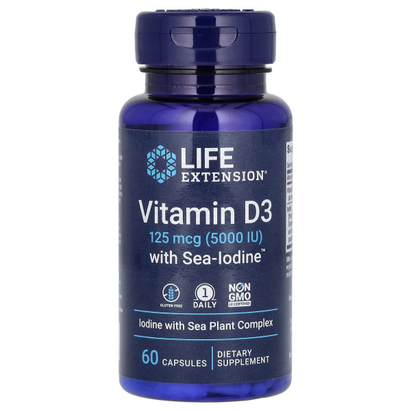 Вітамін Д3 Life Extension (Vitamin D3) з йодом 5000 МО/1000 мкг 60 капсул