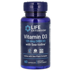 Вітамін Д3 Life Extension (Vitamin D3) з йодом 5000 МО/1000 мкг 60 капсул