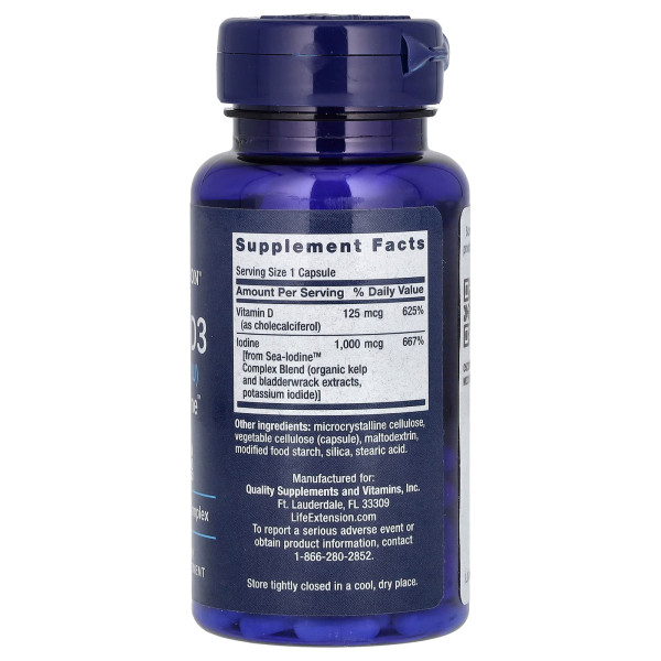 Вітамін Д3 Life Extension (Vitamin D3) з йодом 5000 МО/1000 мкг 60 капсул