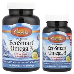 Омега-3 кислоти з норвезьких морепродуктів дикого вилову Carlson (EcoSmart®) 120 капсул зі смаком натурального лимона