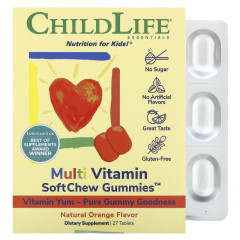 ChildLife Essentials, жувальні мультивітаміни SoftChew, натуральний апельсин, 27 таблеток