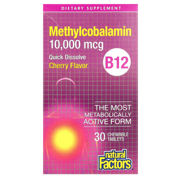 Natural Factors, B12, метилкобаламін, вишня, 10 000 мкг, 30 жувальних таблеток