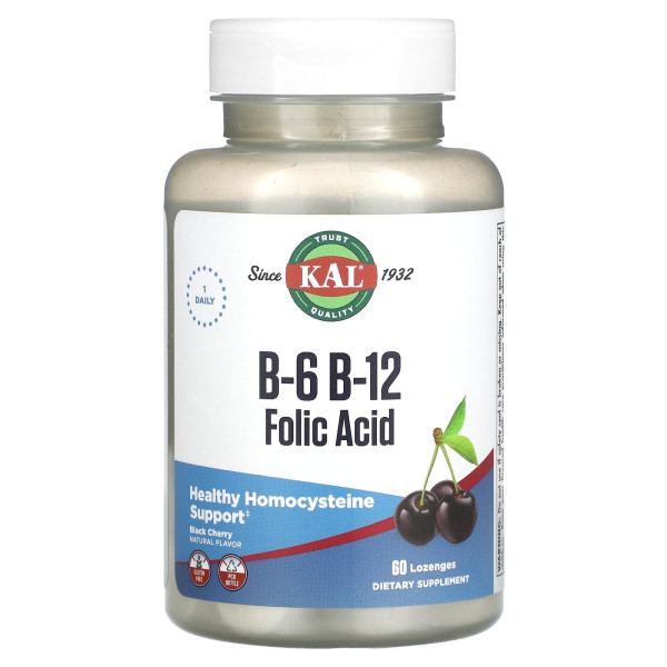 Вітаміни B-6 B-12 фолієва кислота KAL (B-6 B-12 Folic Acid) 50 мг/400 мкг/400 мкг 60 льодяників зі смаком ягід