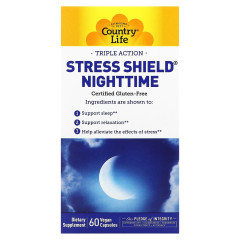 Country Life, Stress Shield Nighttime, засіб потрійної дії, 60 веганських капсул