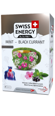 Чай від застуди, Herbal tea MINT - BLACK CURRANT, Swiss Energy, від кашлю, болю в горлі та закладеності носа, альпійські трави, м'ята та чорна смородина, 8 пакетиків