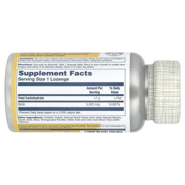 Биотин Solaray (Biotin) 5000 мкг со вкусом персика, клубники и банана 60 леденцов