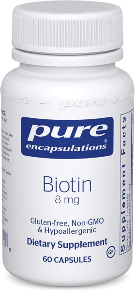 Биотин Pure Encapsulations (Biotin) 8 мг 60 капсул для укрепления волос, кожи и ногтей, поддержания метаболизма, глюкозы и нервной системы