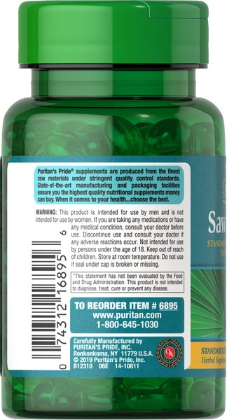 Стандартизований екстракт Со пальметто 160 мг Puritan's Pride (Saw Palmetto Standardized Extract) 60 рідких капсул