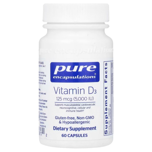 Витамин D3 Pure Encapsulations (Vitamin D3) 125 мкг (5000 МЕ) 60 капсул для поддержания здоровья костей, суставов, груди, простаты, сердца, толстой кишки и иммунитета