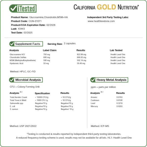California Gold Nutrition, глюкозамін, хондроїтин, МСМ і гіалуронова кислота, 120 рослинних капсул