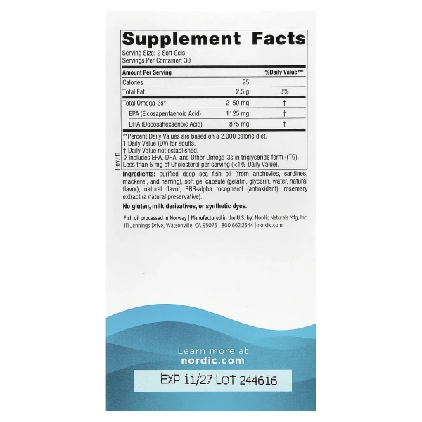Nordic Naturals, Ultimate Omega 2X, омега-3 кислоти, з лимонним смаком, 2150 мг, 60 капсул (1075 мг у капсулі)