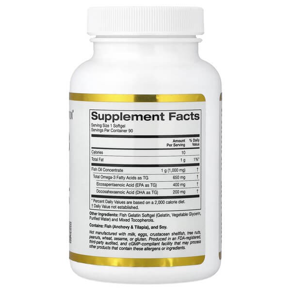 Рыбий жир Омега-3 в форме триацилглицеролов 1000 мг California Gold Nutrition (Omega-3 Fish Oil Triglyceride) 90 жидких капсул