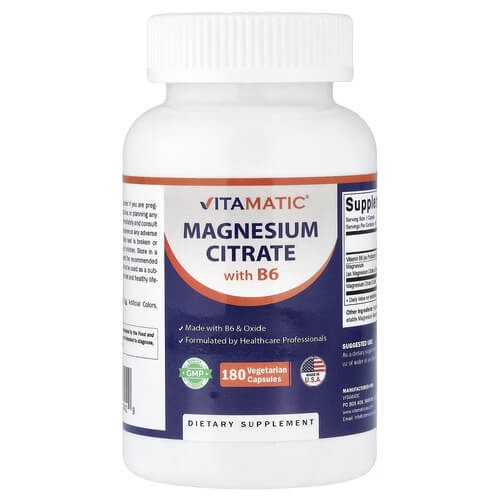 Цитрат магнію з вітаміном B6 Vitamatic (Magnesium Citrate with B6) 180 рослинних капсул