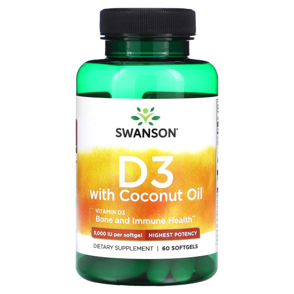 Вітамін Д3 з кокосовим маслом Swanson (Vitamin D-3 with Coconut Oil High-Potency) 5000 МО 60 капсул