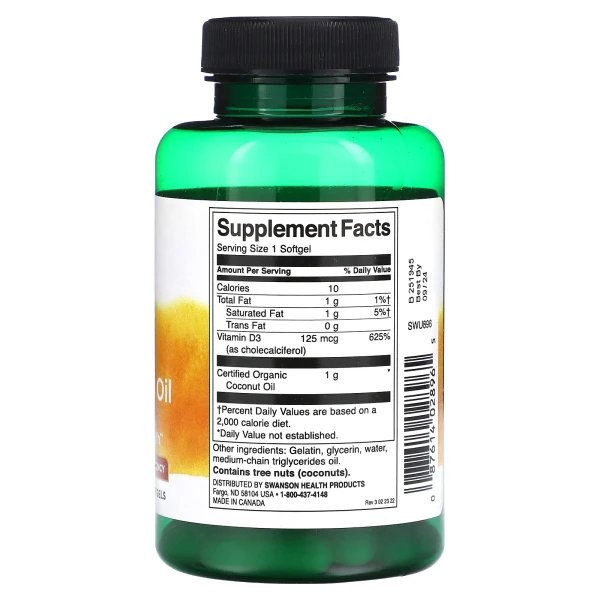 Вітамін Д3 з кокосовим маслом Swanson (Vitamin D-3 with Coconut Oil High-Potency) 5000 МО 60 капсул