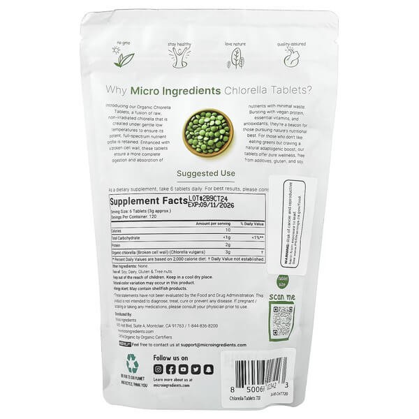 Органічна хлорела Micro Ingredients (Organic Chlorella Tablet) 720 таблеток